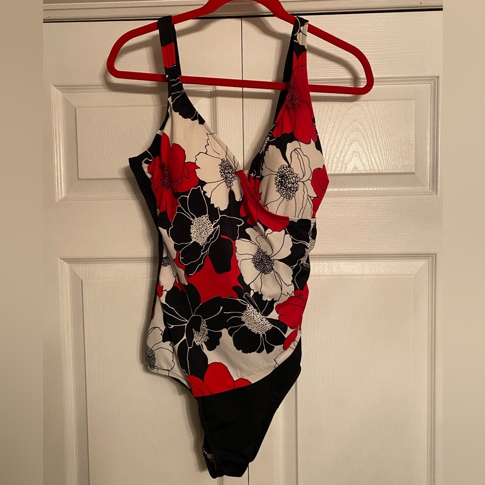 Maxine bathing suit, red, white & black floral